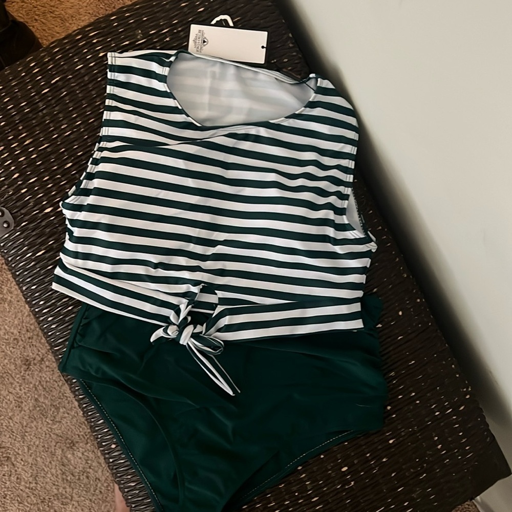 NWT Retro Stage Green & White  Stripe Print High Waisted Bikini